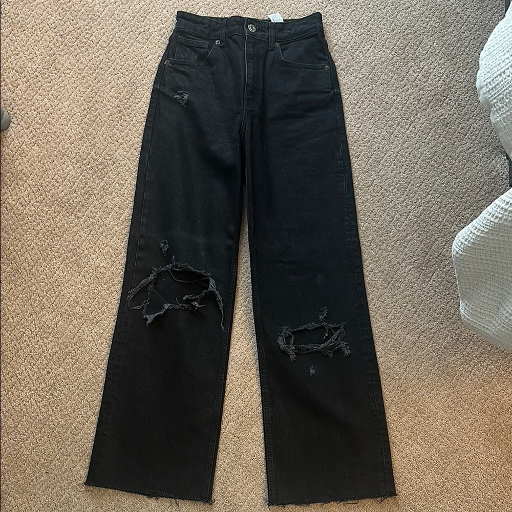 Zara Black Flare Wide Leg Jeans with Distressed Detailing